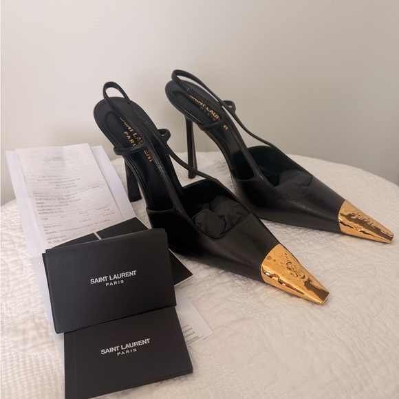 Brand New Saint Laurent  Jeanne Black Slingback Heels with Gold Toe Accent - Picture 4 of 15